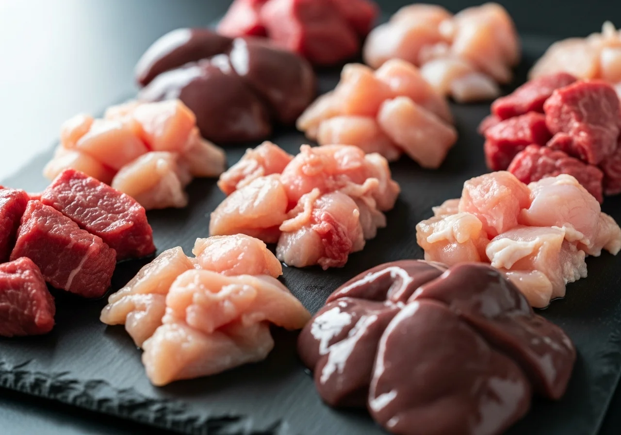 Frisches Rohfleisch auf einem Schieferbrett – Grundlage der BARF-Ernährung