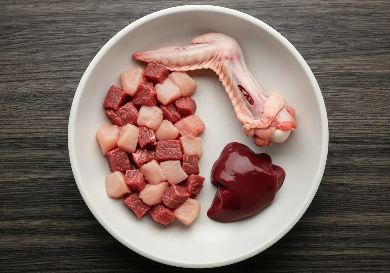 Ausgewogene BARF-Ration mit Muskelfleisch, Rohknochen und Organen in einer Schüssel