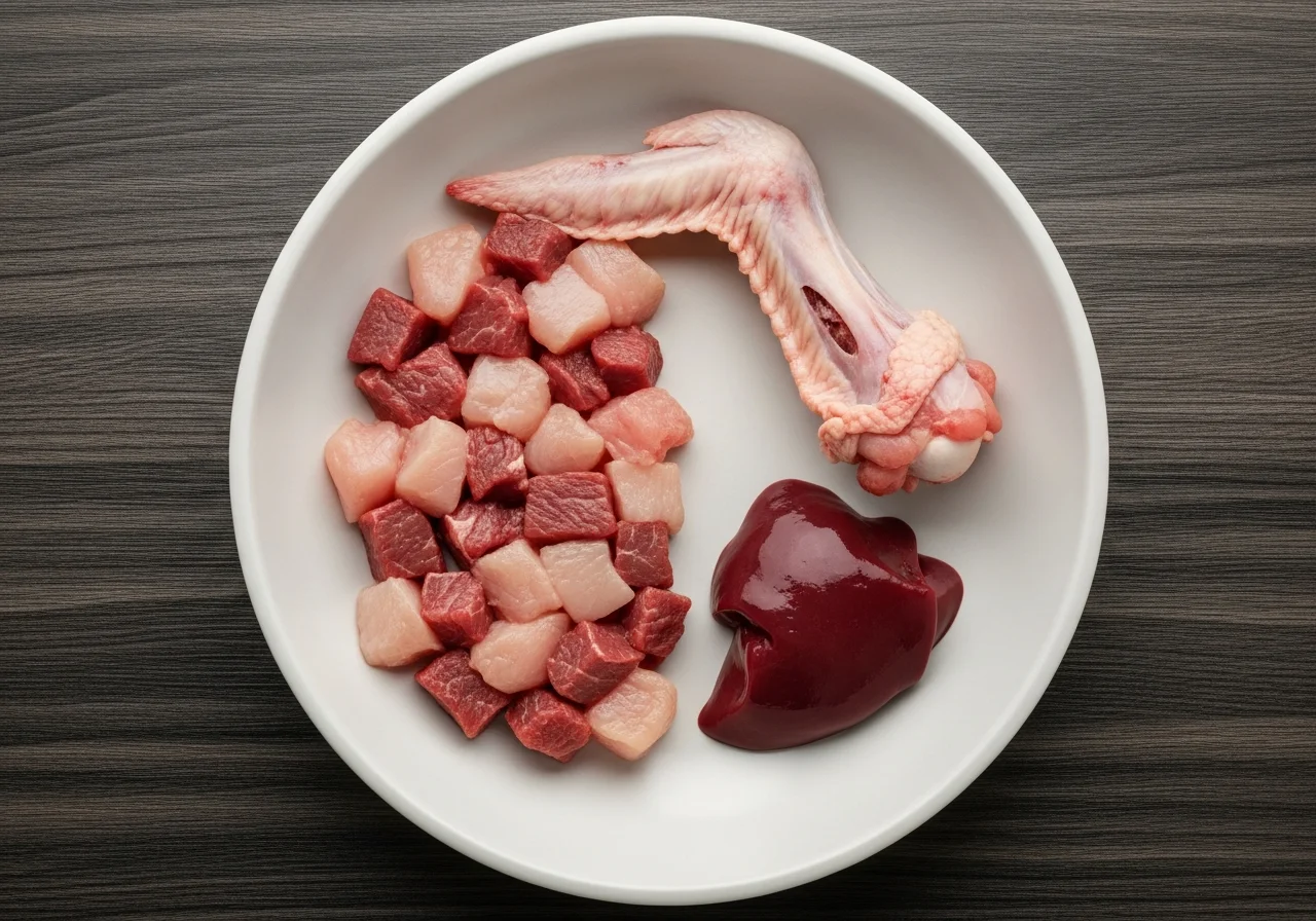 Ausgewogene BARF-Ration mit Muskelfleisch, Rohknochen und Organen in einer Schüssel