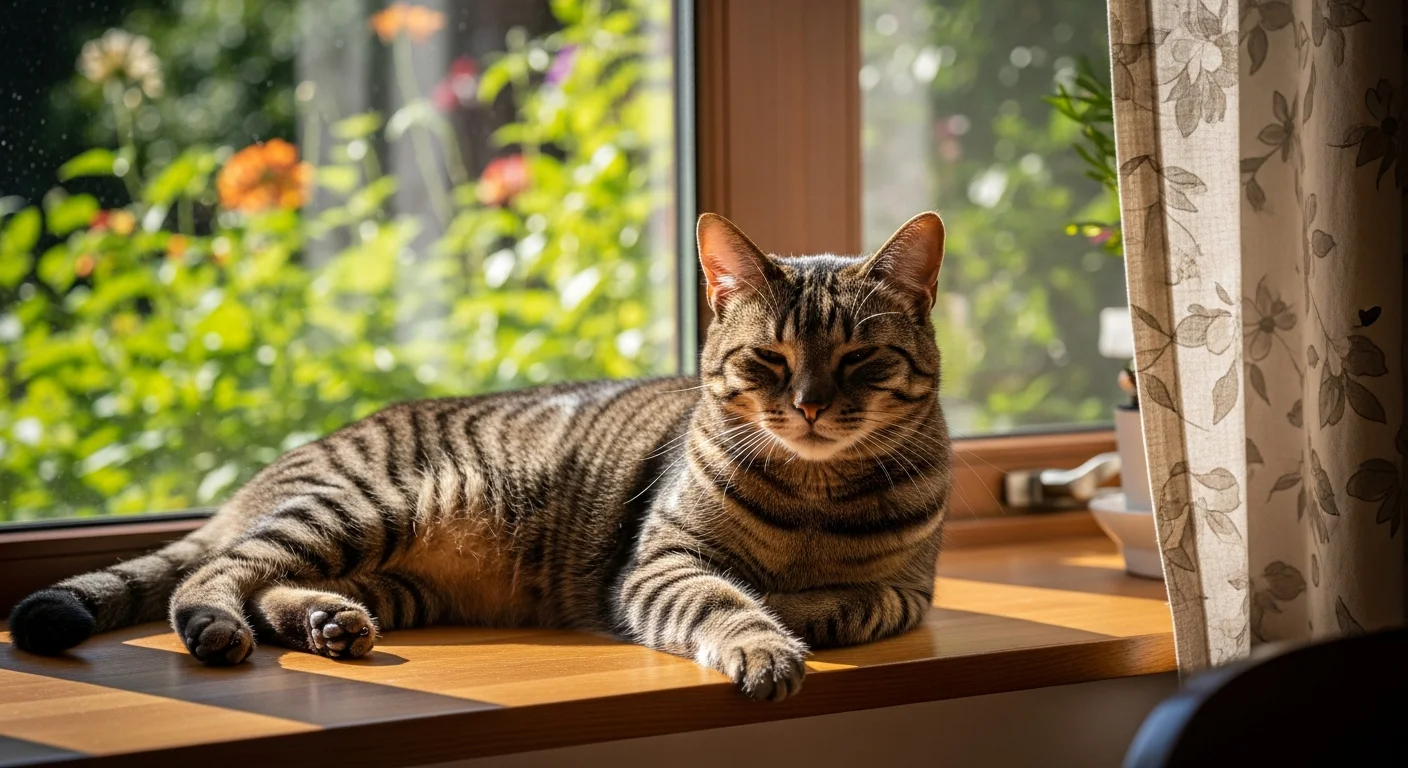 Gesunde Katze auf sonniger Fensterbank mit Gartenblick – Ergebnis artgerechter Ernährung