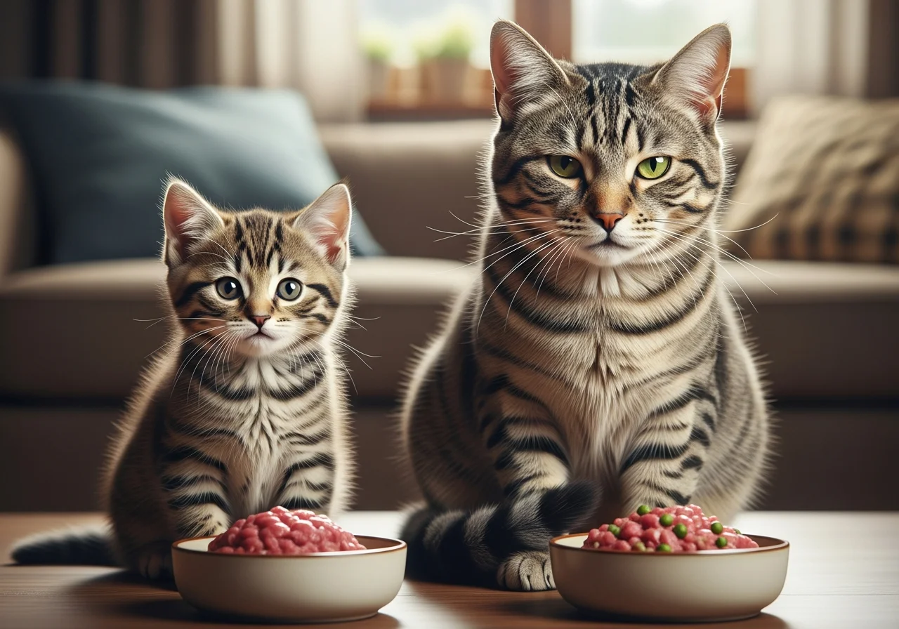 Kleines Kitten und ältere Katze fressen nebeneinander aus BARF-Näpfen