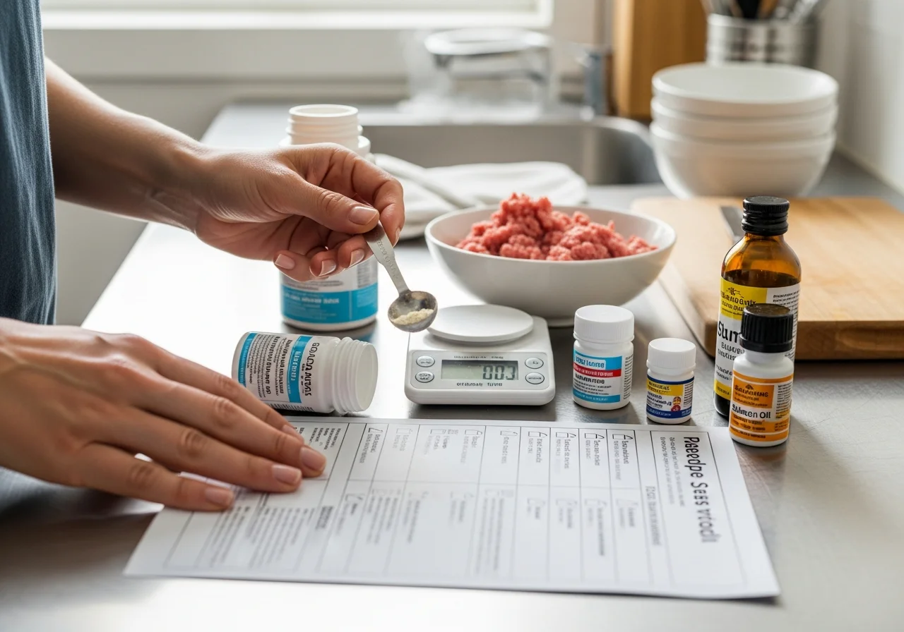 Person bereitet BARF-Futter sorgfältig nach einer Rezeptur vor