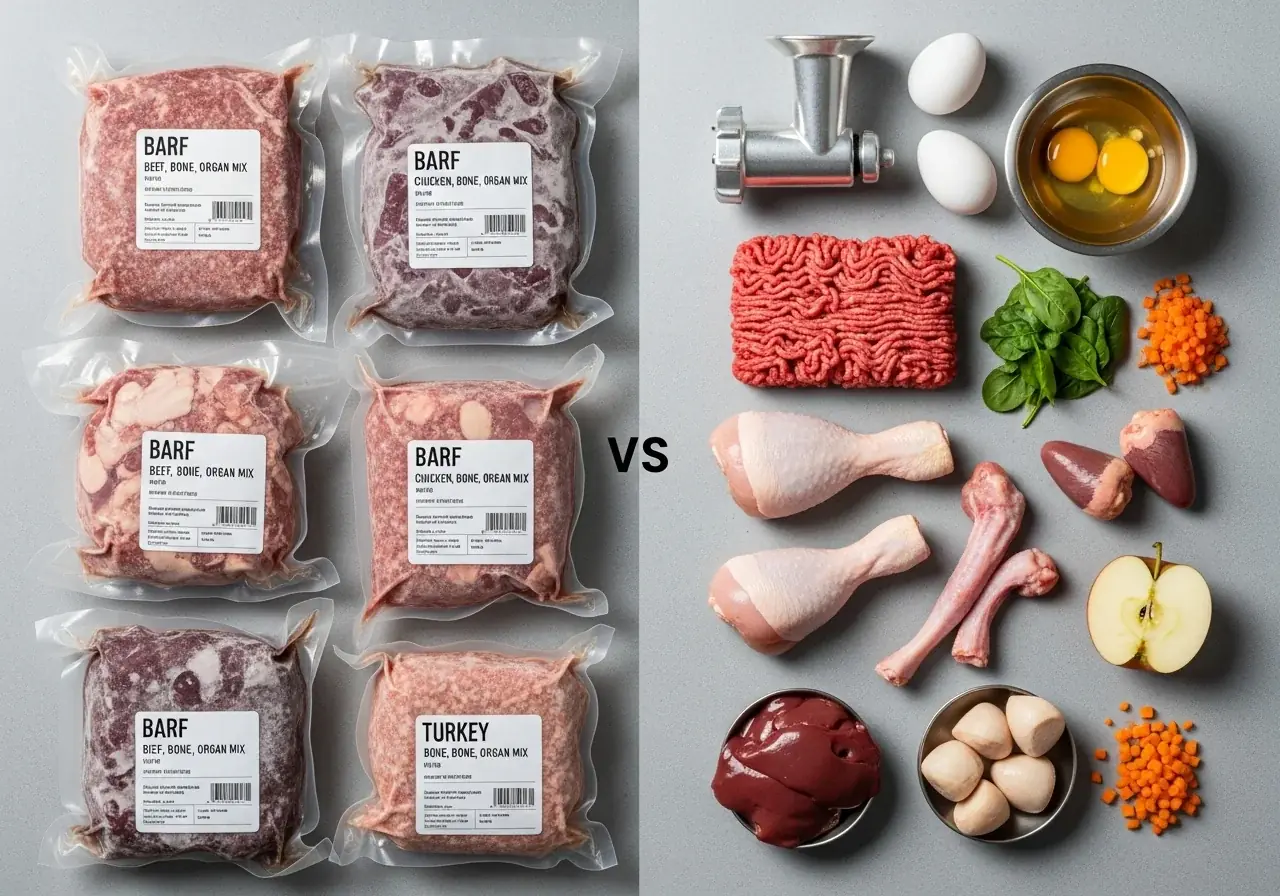 Vergleich: vakuumverpackte Fertig-BARF-Produkte neben frischen Rohfutter-Zutaten