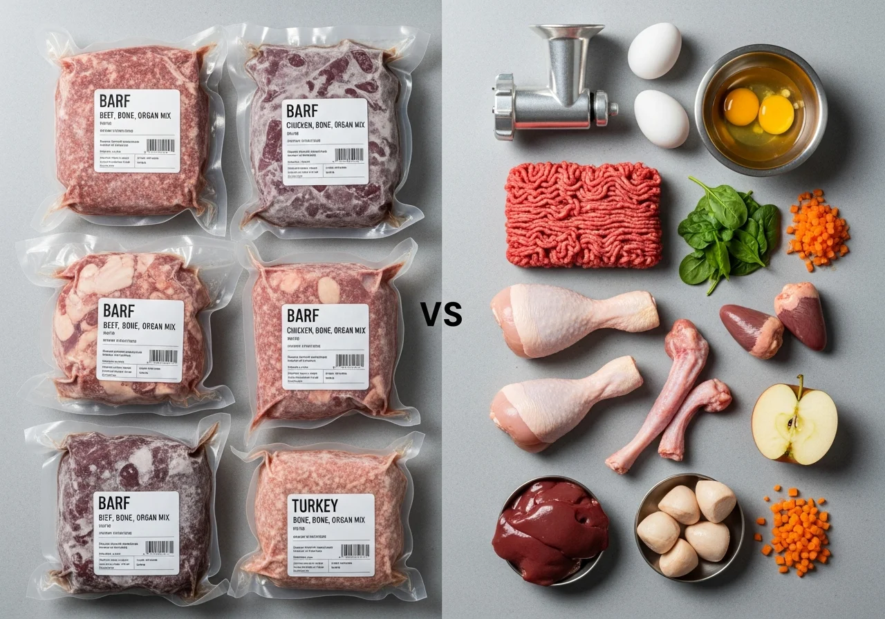 Vergleich: vakuumverpackte Fertig-BARF-Produkte neben frischen Rohfutter-Zutaten