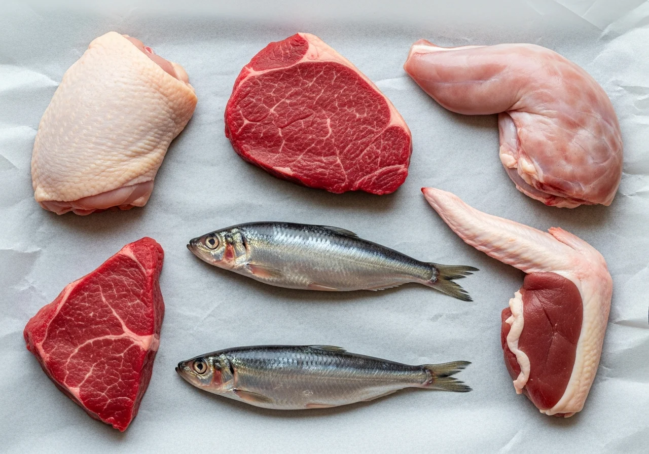 Verschiedene rohe Fleischsorten für BARF – Huhn, Rind, Kaninchen und Fisch