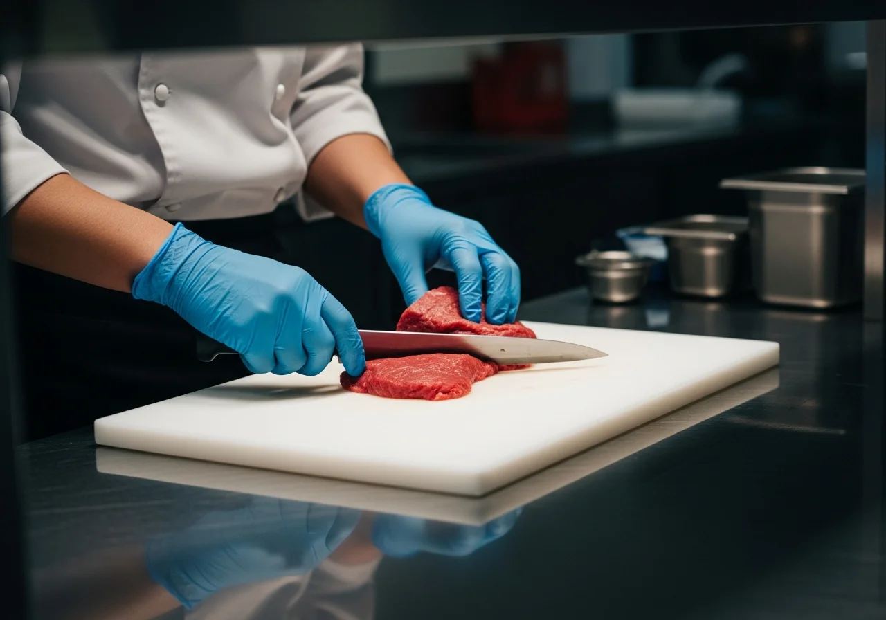 Person mit Schutzhandschuhen bei der hygienischen Verarbeitung von rohem Katzenfutter