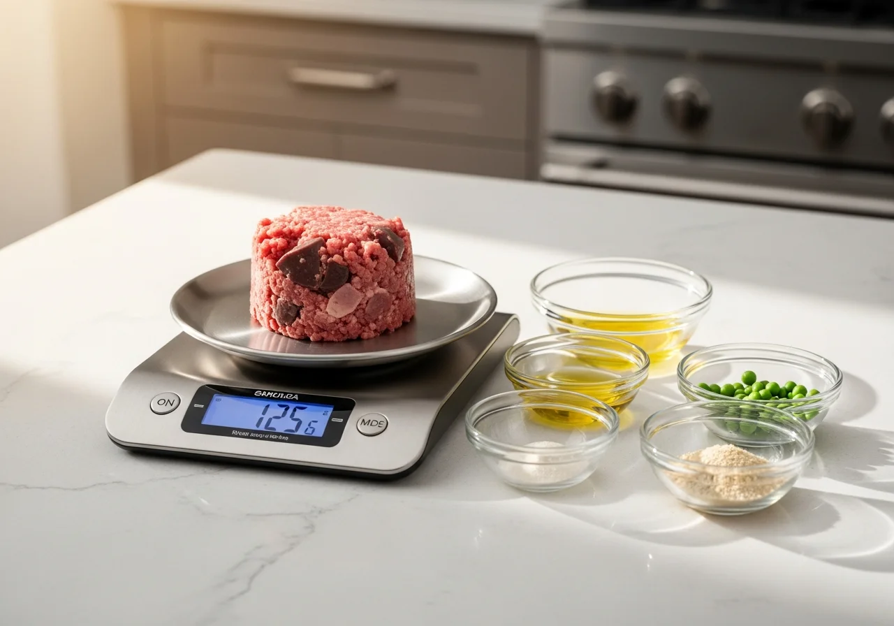 Küchen-Digitalwaage beim Abwiegen von rohem Katzenfutter