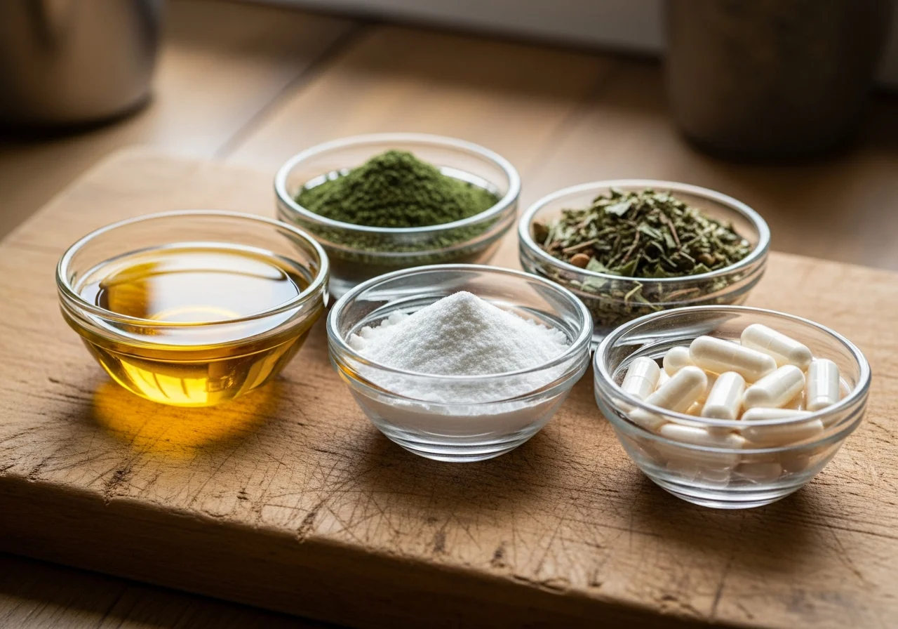 Natürliche Supplemente für BARF – Lachsöl, Keimpulver, Taurin und Kelppulver in kleinen Schüsseln