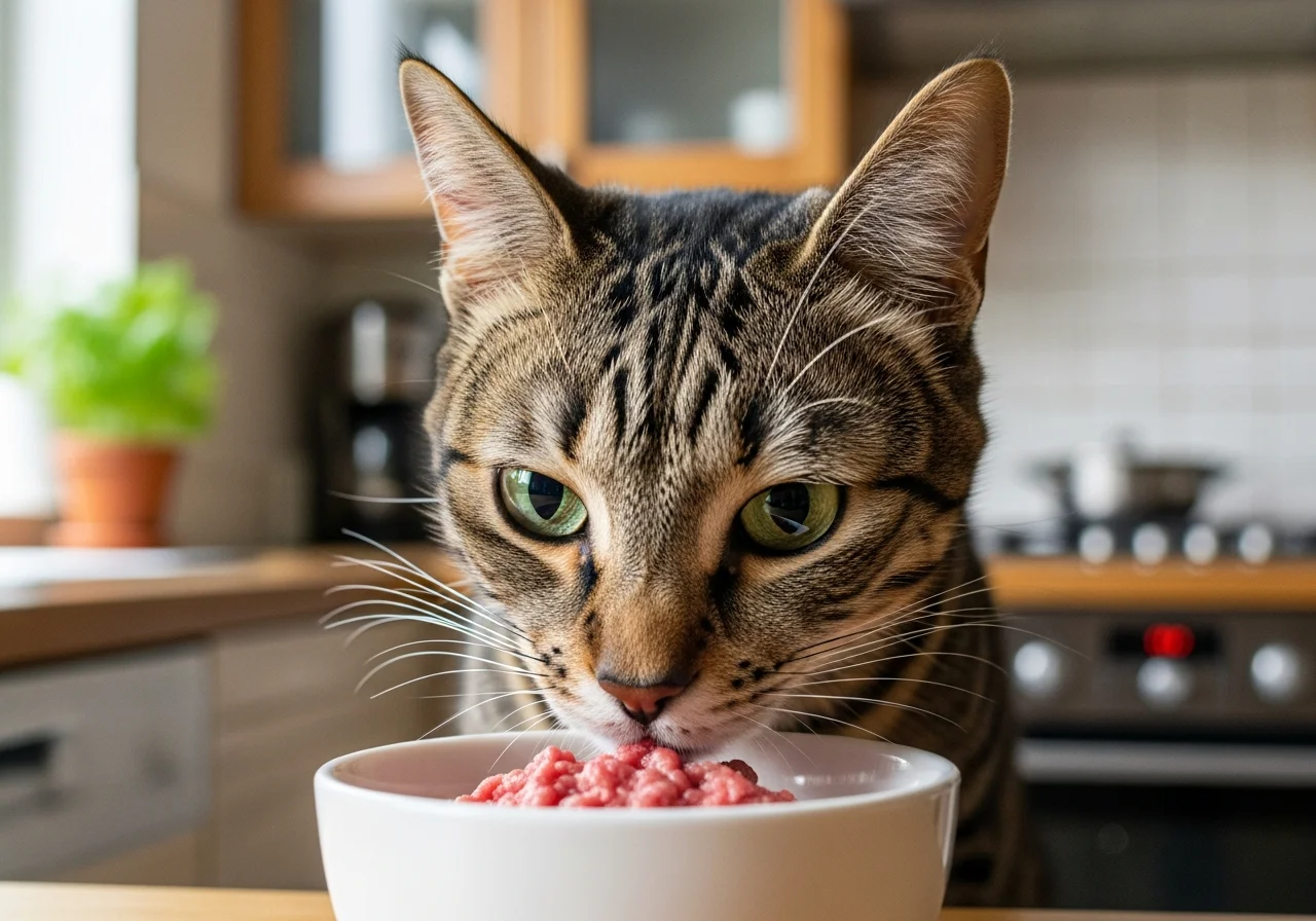 Katze beschnuppert neugierig einen Napf mit rohem Futter